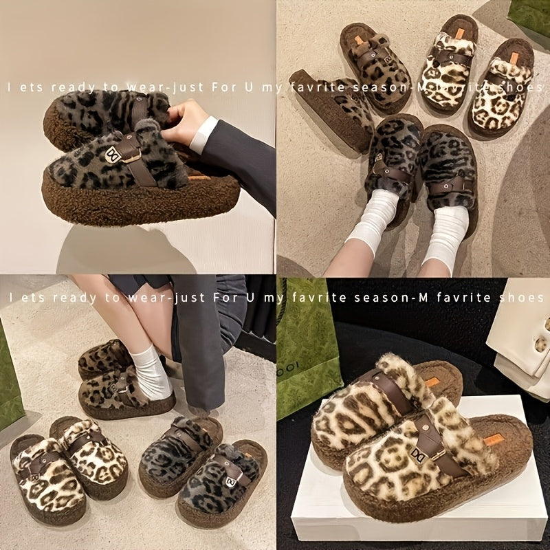 Women's Stylish Leopard Print Plush Slippers with Buckle Strap - Cozy Faux Fur-Lined Winter House Shoes, Soft Brown & Black Patterned Design, Thick Rubber Sole for Indoor Comfort, Seasonal Wear | Fashionable Footwear | Rubber